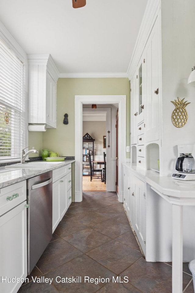 279 Maybie Rd, Gilboa, NY 12076 - kitchen with stainless steel dishwasher, white cabinets, light stone counters, and crown molding