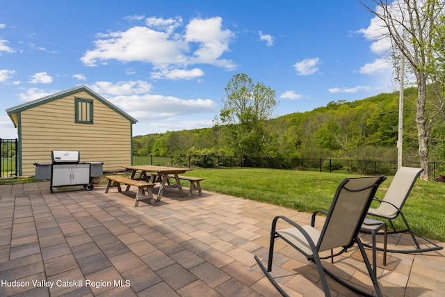 279 Maybie Rd, Gilboa, NY 12076 - view of patio / terrace featuring a forest view, outdoor dining space, and area for grilling