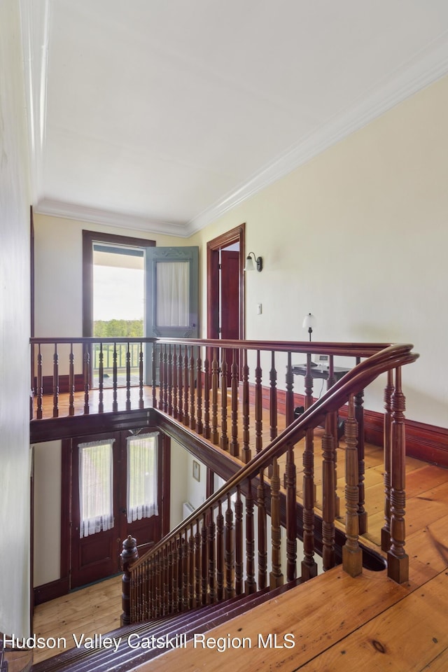 279 Maybie Rd, Gilboa, NY 12076 - stairway with ornamental molding and hardwood / wood-style flooring