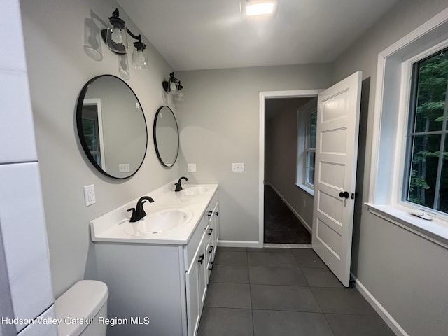 bathroom with tile patterned flooring, vanity, and toilet