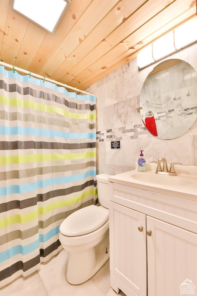 181 Mountain Dr, Hunter, NY 12442 - full bath with tile walls, vanity, toilet, wooden ceiling, and a shower with shower curtain