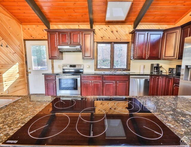 181 Mountain Dr, Hunter, NY 12442 - kitchen featuring stainless steel appliances, under cabinet range hood, reddish brown cabinets, beamed ceiling, and wood ceiling