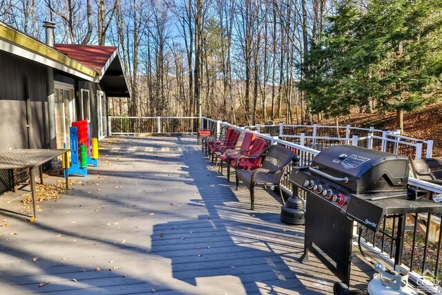 181 Mountain Dr, Hunter, NY 12442 - wooden deck with a grill and fence