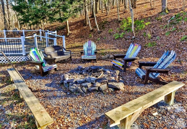 181 Mountain Dr, Hunter, NY 12442 - view of yard with an outdoor fire pit and a deck