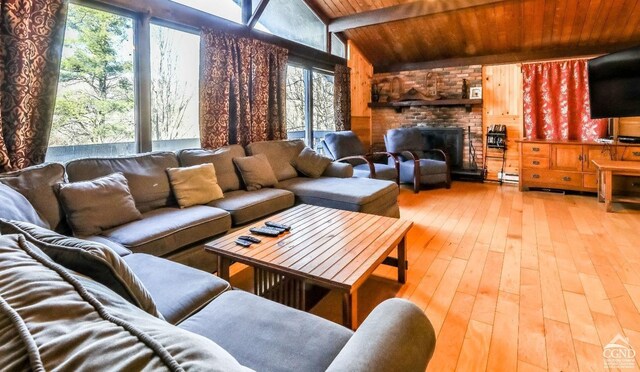 181 Mountain Dr, Hunter, NY 12442 - living room featuring wooden ceiling, plenty of natural light, hardwood / wood-style floors, a brick fireplace, and a baseboard heating unit