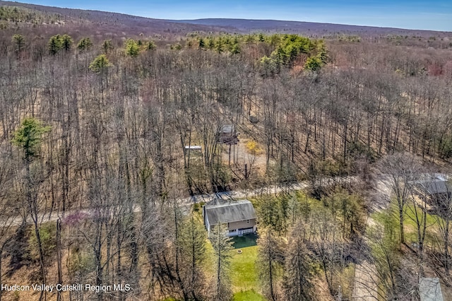 drone / aerial view with a wooded view