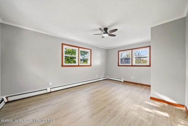 empty room with ceiling fan, ornamental molding, a baseboard radiator, and light wood-type flooring