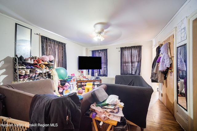 living area with ceiling fan, hardwood / wood-style floors, and radiator