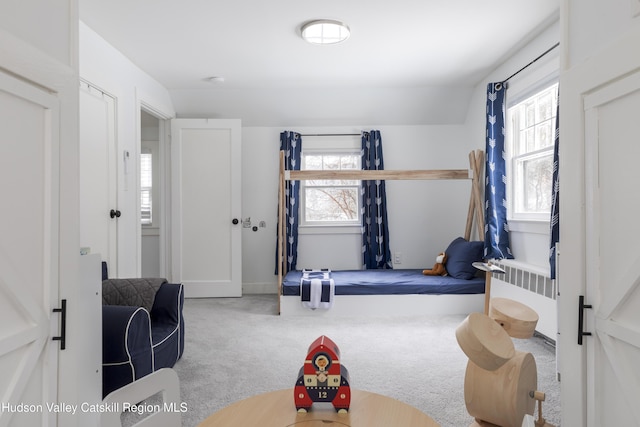 workout room featuring radiator, lofted ceiling, and carpet