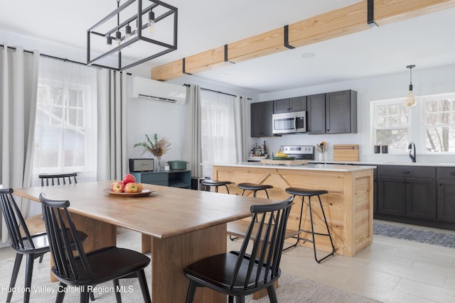 kitchen with appliances with stainless steel finishes, a center island, a wealth of natural light, and a wall unit AC