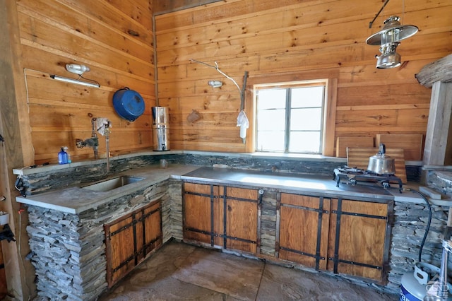 128 W Moorehouse Rd, Cairo, NY 12413 - kitchen with wood walls, a sink, and brown cabinets