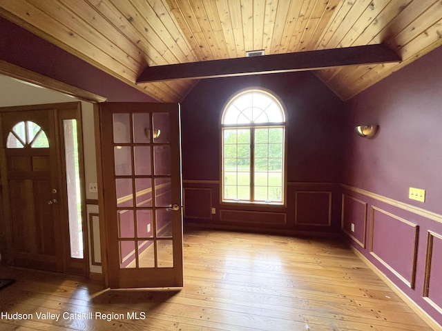 71 Saddleback Ridge Rd, Shawangunk, NY 12589 - entryway with light wood-style floors, wood ceiling, and a wainscoted wall