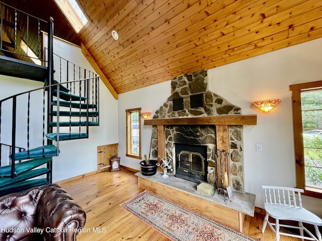 71 Saddleback Ridge Rd, Shawangunk, NY 12589 - living room with hardwood / wood-style flooring, stairway, high vaulted ceiling, a fireplace, and wooden ceiling