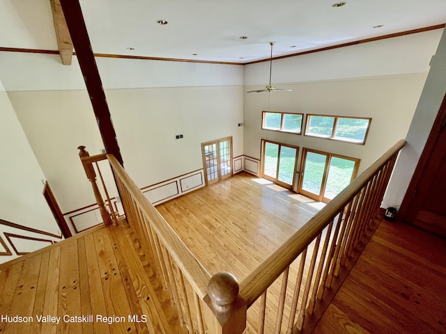 71 Saddleback Ridge Rd, Shawangunk, NY 12589 - stairway with wood finished floors, a ceiling fan, a high ceiling, baseboard heating, and recessed lighting