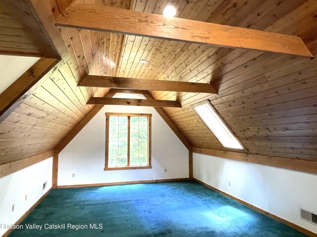 71 Saddleback Ridge Rd, Shawangunk, NY 12589 - additional living space with wooden ceiling, carpet flooring, and a skylight