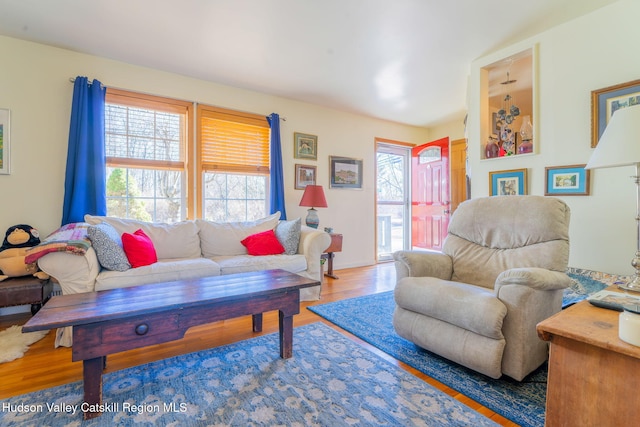 living area featuring plenty of natural light and wood finished floors