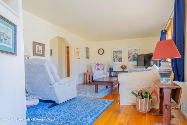 living room featuring hardwood / wood-style flooring and arched walkways