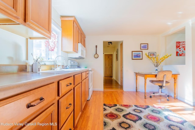 kitchen featuring white appliances, baseboards, light wood finished floors, a sink, and light countertops