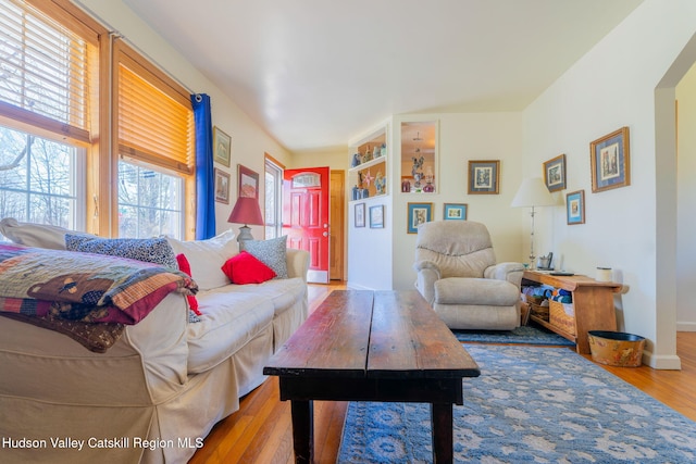 living room with baseboards and wood finished floors