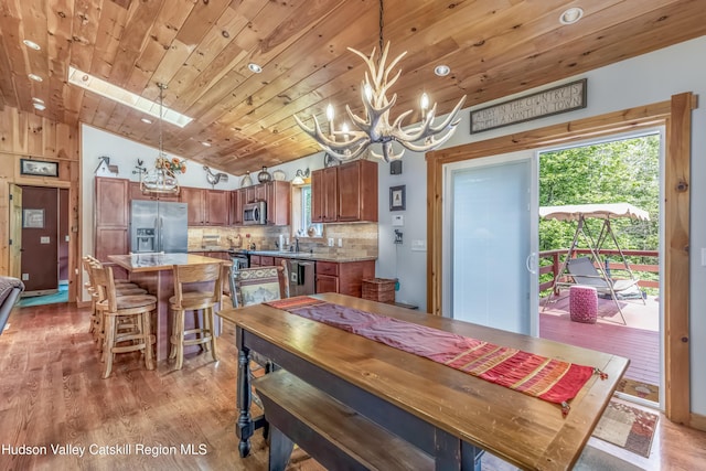 1063 Ferris Hill Rd, Roxbury, NY 12474 - dining space featuring plenty of natural light, lofted ceiling, a chandelier, light wood-style flooring, and wooden ceiling