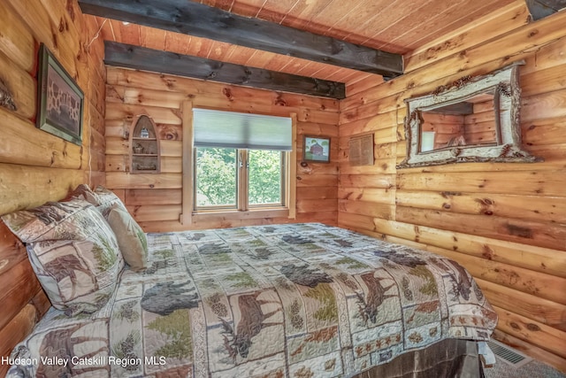 1063 Ferris Hill Rd, Roxbury, NY 12474 - bedroom featuring a wooden ceiling with exposed beams and rustic walls