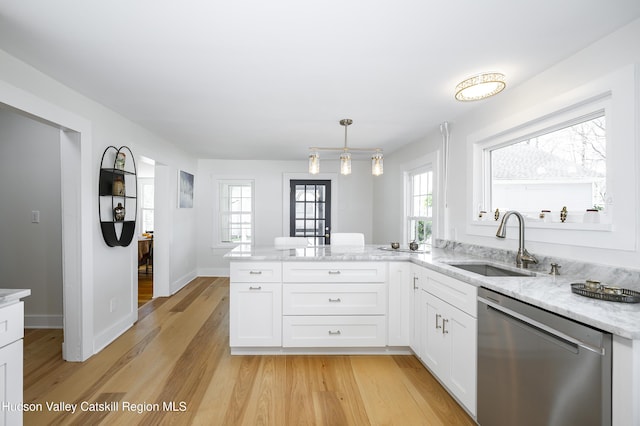 27 Sands Ave, Milton, NY 12547 - kitchen with dishwasher, a sink, a peninsula, white cabinetry, and light wood finished floors