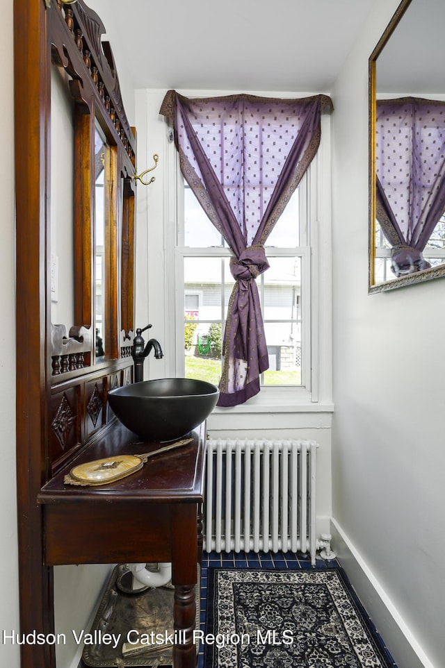 27 Sands Ave, Milton, NY 12547 - bathroom with radiator, baseboards, tile patterned floors, and vanity