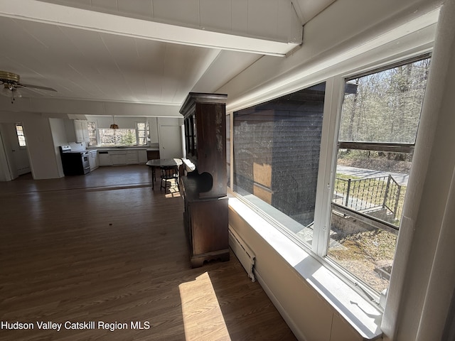 corridor featuring dark wood-type flooring and baseboard heating
