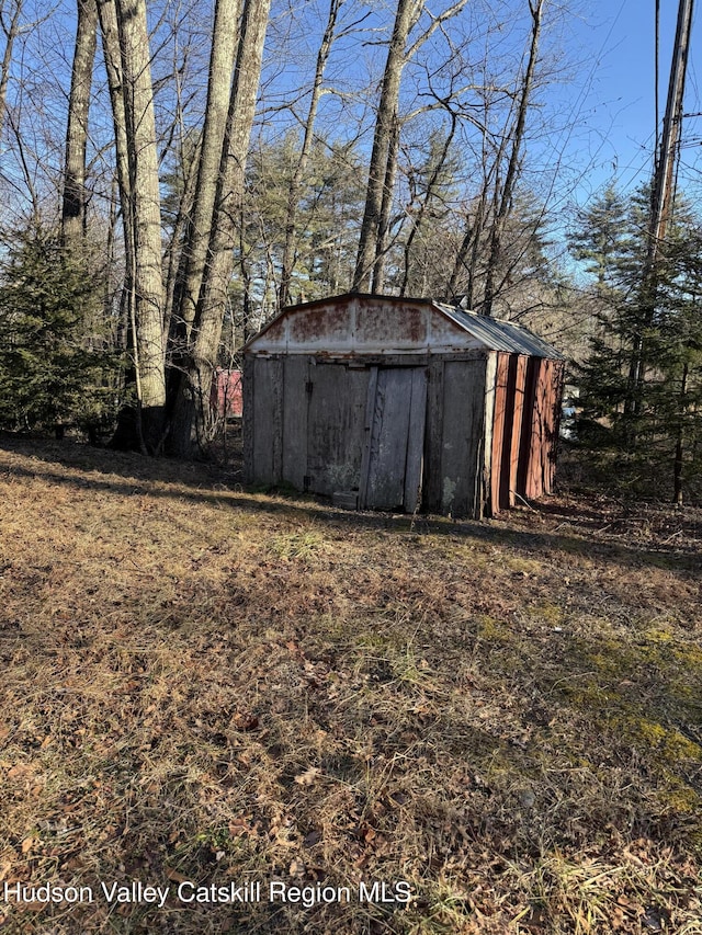 view of yard with a storage shed