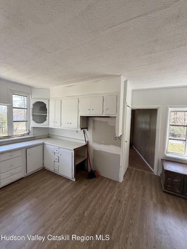 kitchen with white cabinets, a textured ceiling, plenty of natural light, and dark wood-style floors