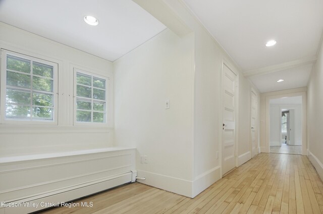 55 Leggett Rd, Stone Ridge, NY 12484 - hall featuring a baseboard heating unit, light wood-style flooring, baseboards, and recessed lighting