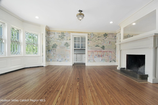 55 Leggett Rd, Stone Ridge, NY 12484 - unfurnished living room with ornamental molding, baseboards, a fireplace, wood finished floors, and recessed lighting