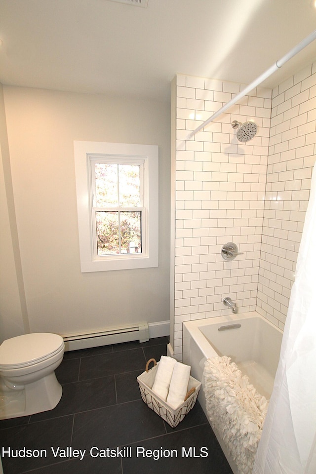 bathroom with tile patterned flooring, toilet, shower / bath combo with shower curtain, and a baseboard radiator