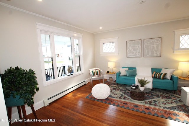 living room featuring a baseboard radiator, dark hardwood / wood-style floors, and ornamental molding