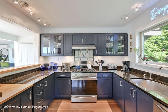 kitchen featuring sink, stainless steel appliances, light hardwood / wood-style flooring, kitchen peninsula, and dark stone countertops