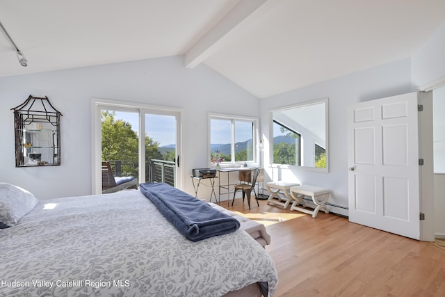 bedroom with access to exterior, vaulted ceiling with beams, light hardwood / wood-style flooring, and multiple windows