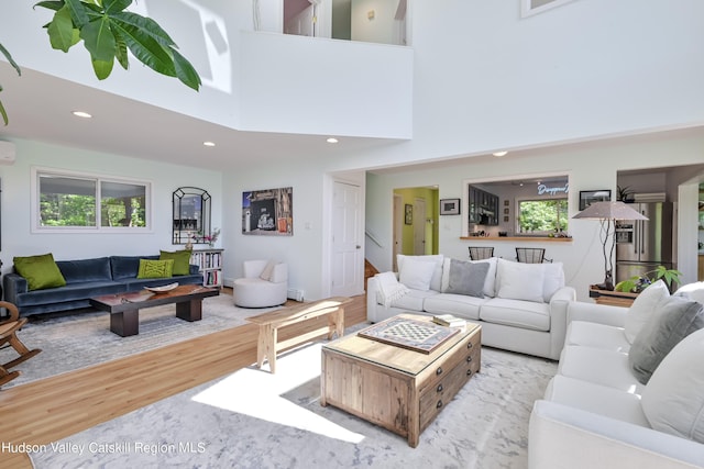 living room with a high ceiling, light wood-type flooring, and a healthy amount of sunlight