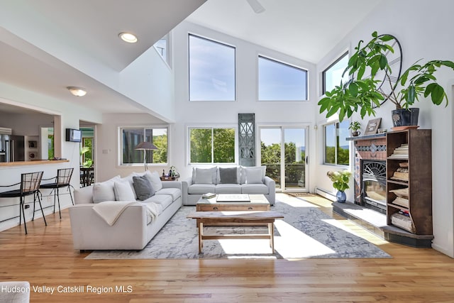 living room with high vaulted ceiling, a baseboard radiator, and light hardwood / wood-style flooring