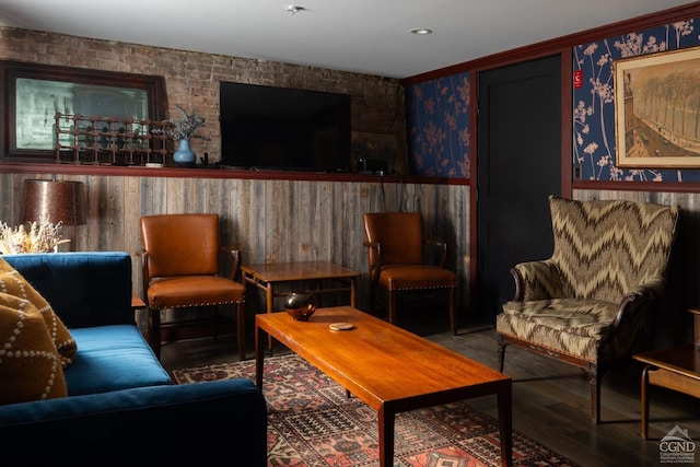 352 Columbia St, Hudson, NY 12534 - living area featuring wallpapered walls, wood finished floors, and a wainscoted wall