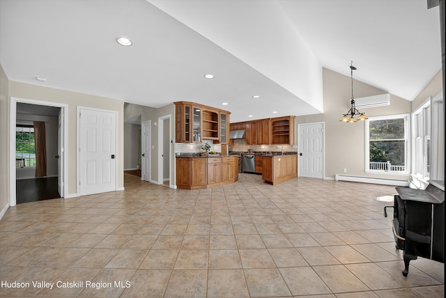 172 Shields Rd, Red Hook, NY 12571 - kitchen featuring open shelves, open floor plan, brown cabinets, dark countertops, and under cabinet range hood