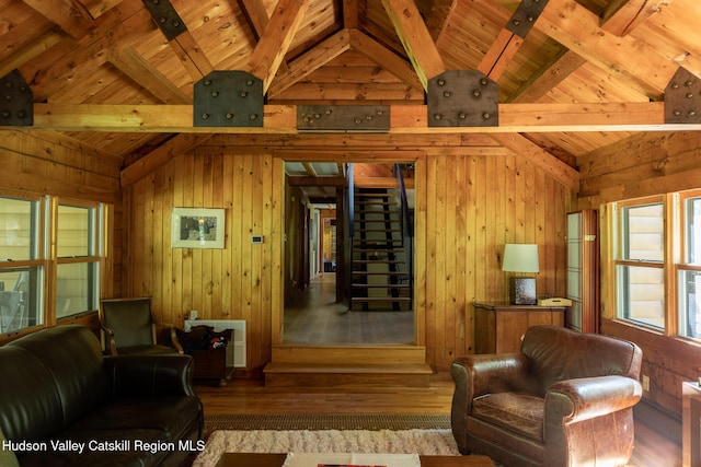 88 S Durham Estates Rd, Cairo, NY 12405 - living room with wooden ceiling, wood walls, and wood-type flooring