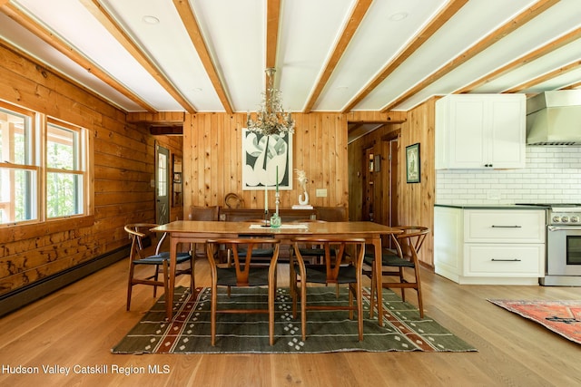88 S Durham Estates Rd, Cairo, NY 12405 - dining room with beamed ceiling, light wood finished floors, baseboard heating, and wooden walls