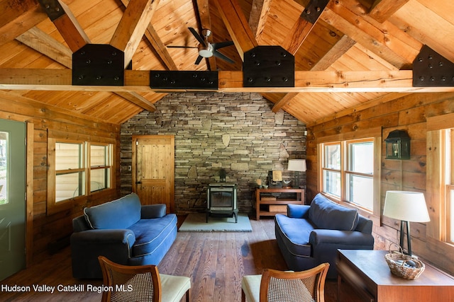 88 S Durham Estates Rd, Cairo, NY 12405 - living area featuring a wood stove, wooden ceiling, wood-type flooring, and wooden walls
