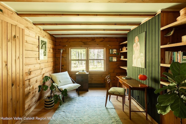 88 S Durham Estates Rd, Cairo, NY 12405 - sitting room with light wood-style flooring, a baseboard heating unit, beamed ceiling, and wooden walls