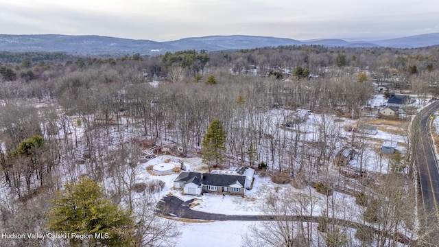 snowy aerial view with a mountain view