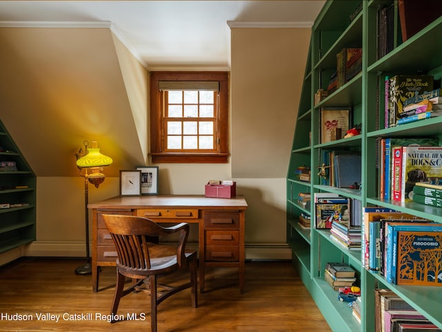 office area featuring hardwood / wood-style flooring and ornamental molding