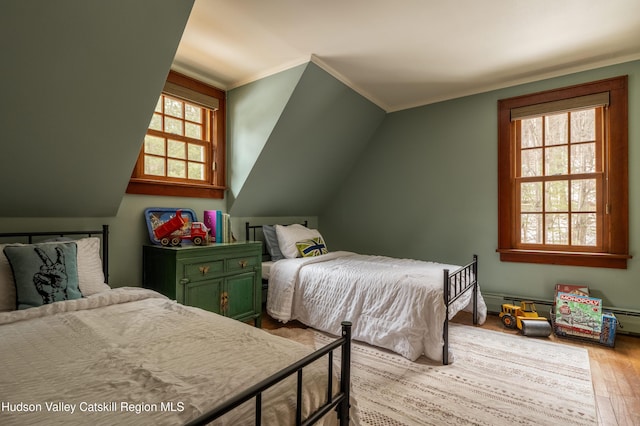 bedroom featuring multiple windows and light hardwood / wood-style floors