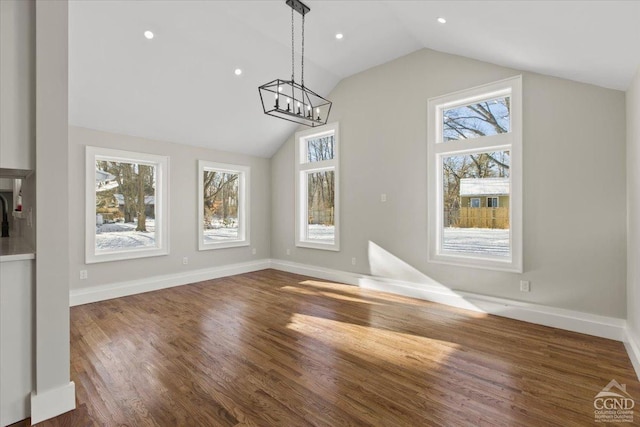 36 Perrines Bridge Rd, Rosendale, NY 12486 - unfurnished dining area featuring lofted ceiling, a chandelier, baseboards, wood finished floors, and recessed lighting