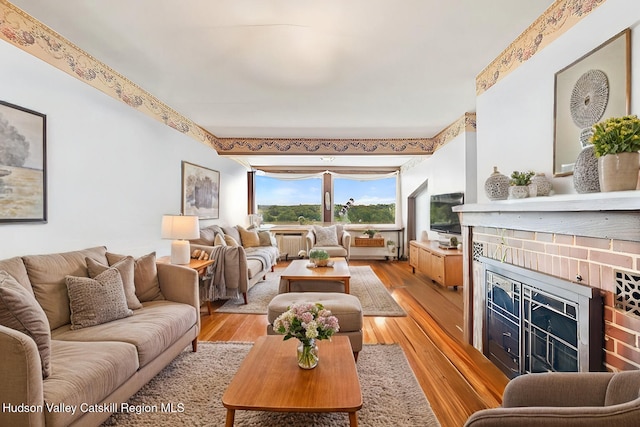 living room with a fireplace, radiator heating unit, and light hardwood / wood-style floors