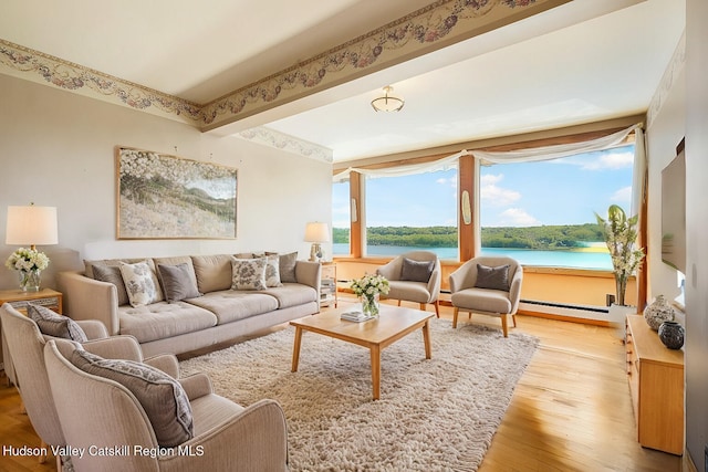 living room with a water view, light hardwood / wood-style floors, and a baseboard heating unit